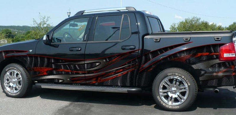 tribal carbon fiber vinyl graphics wrap on black pickup